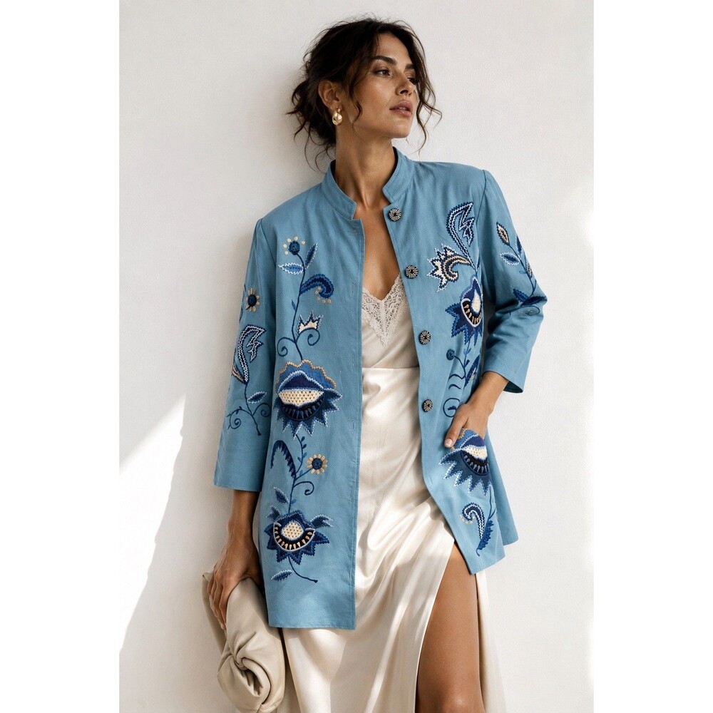 Indigo Moon Embroidered Floral Long Jacket Blue Cotton Mandarin Collar Size S